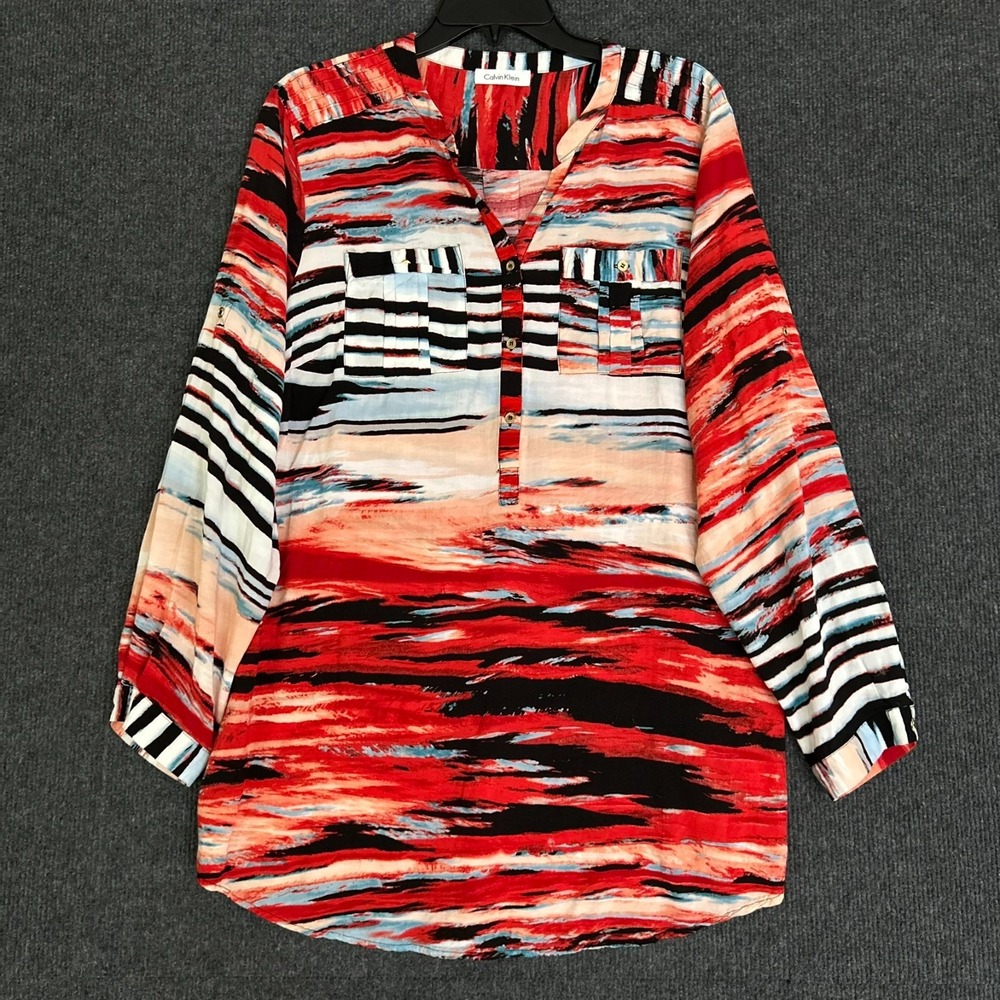 Calvin Klein Women's Tunic Top Long Convertible Sleeve Multicolor Abstract Artsy